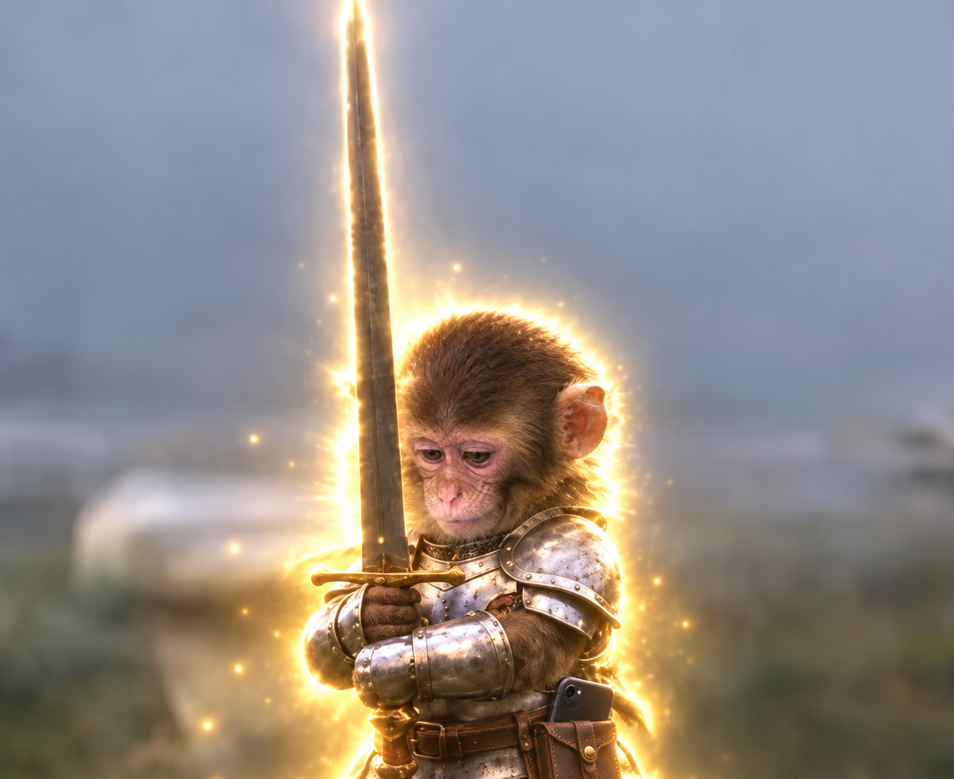 A small brown ape in knight armor holding a glowing sword, with a smartphone tucked in its belt.